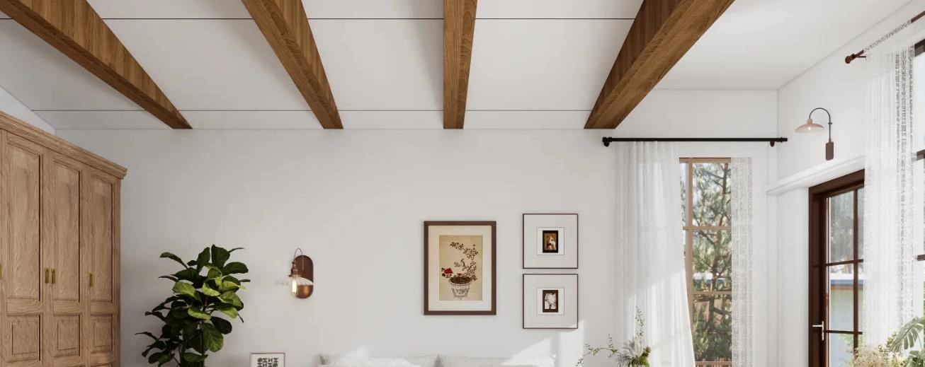 Wooden beam false ceiling adds warmth and natural beauty.