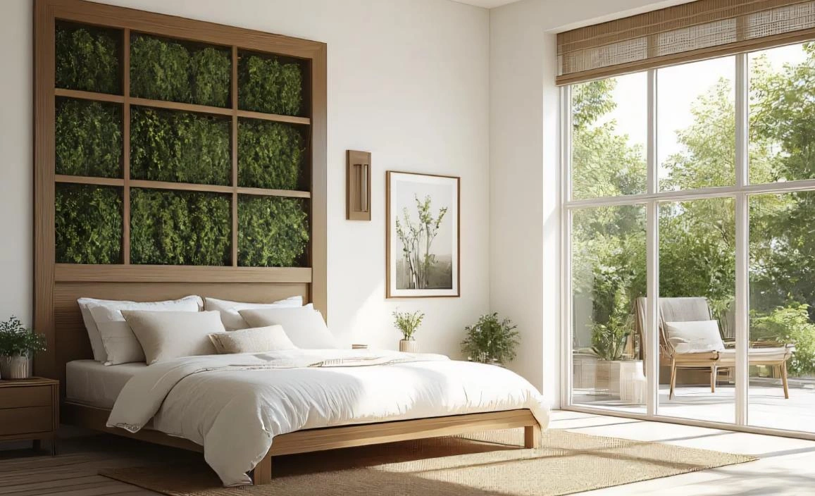 Forest-inspired women&rsquo;s bedroom featuring wood lattice walls, plant art, and large windows.