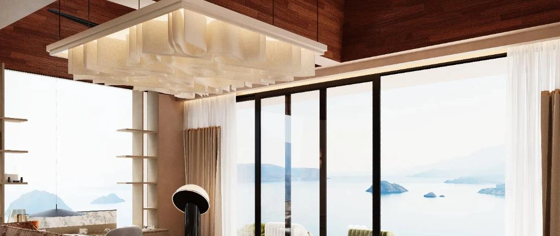 Sunken wooden ceiling with chandelier for luxury master bedroom.