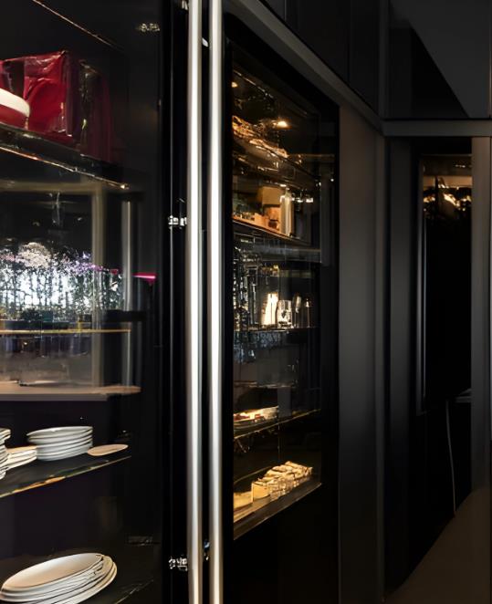 Tiny kitchen idea with black-framed glass cupboards showcasing neatly arranged plates and wine glasses.