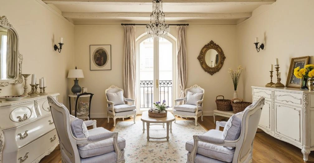 Four carved white armchairs arranged around a small round table create an elegant living room layout.