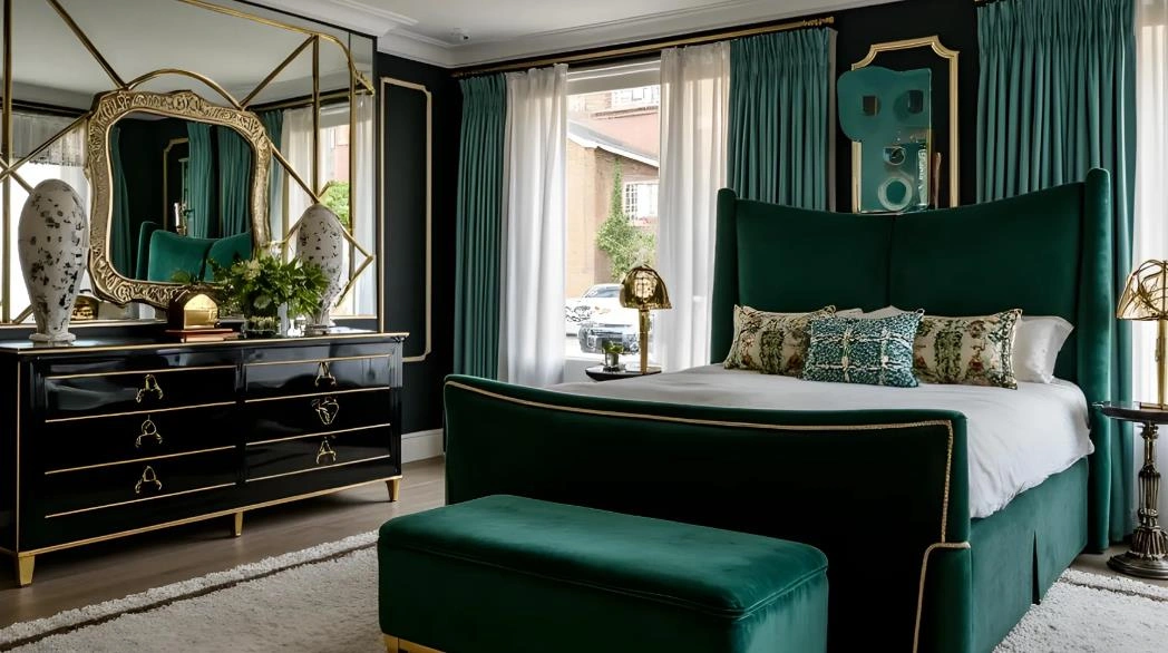 Women&rsquo;s bedroom with deep green velvet bed and matching ottoman for a luxurious feel.