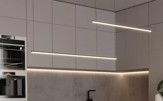 Tiny Kitchen Design Ideas with layered lighting including slim ceiling strip lights and an under-cabinet LED strip.