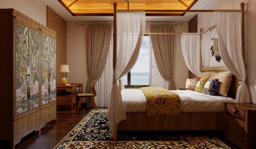 Southeast Asian bedroom idea for women with four-poster bed, carved wardrobe, and patterned rug.