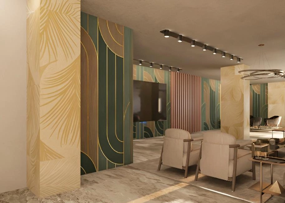 Multi-pattern wallpaper in gold, green, and pink tones adds retro artistic flair to the small living room.