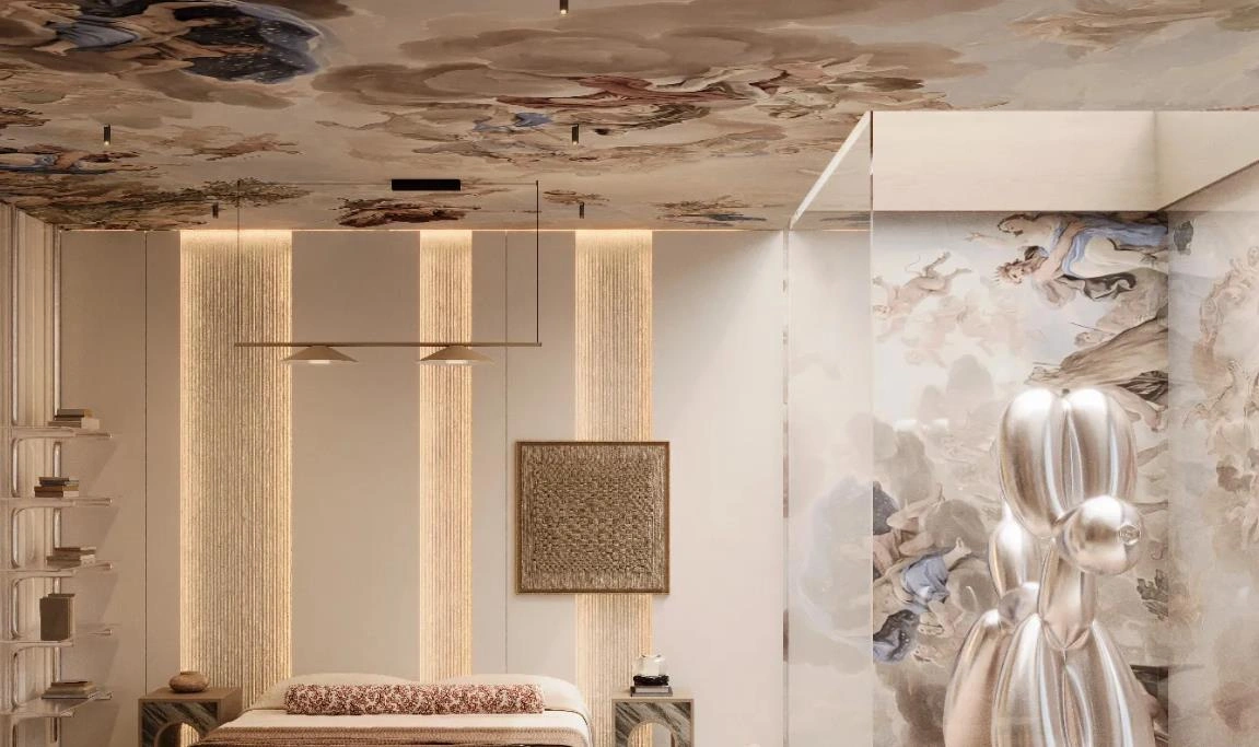 Artistic floral ceiling design adds height and classic charm.