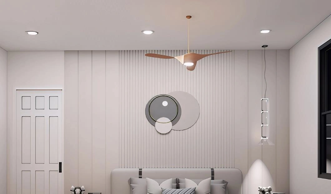 Wooden ceiling fan on white ceiling adds warmth to modern bedroom.