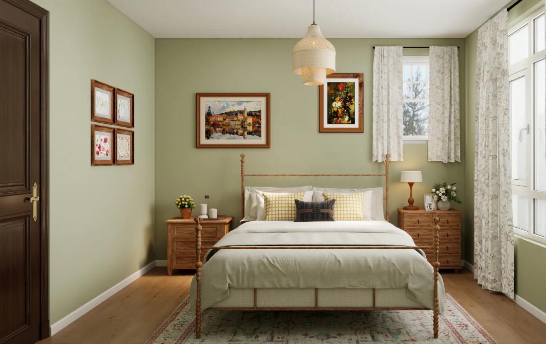 Country-style women&rsquo;s bedroom with light green walls, floral curtains, and rustic wood furnishings.