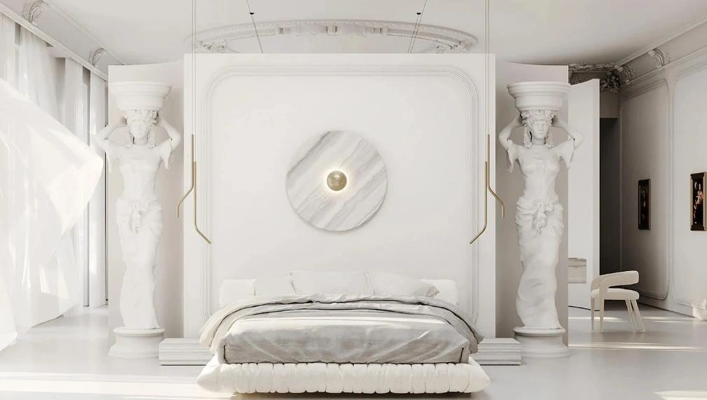 Classic-style women's bedroom featuring sculpted columns, carved ceilings, and elegant white tones.