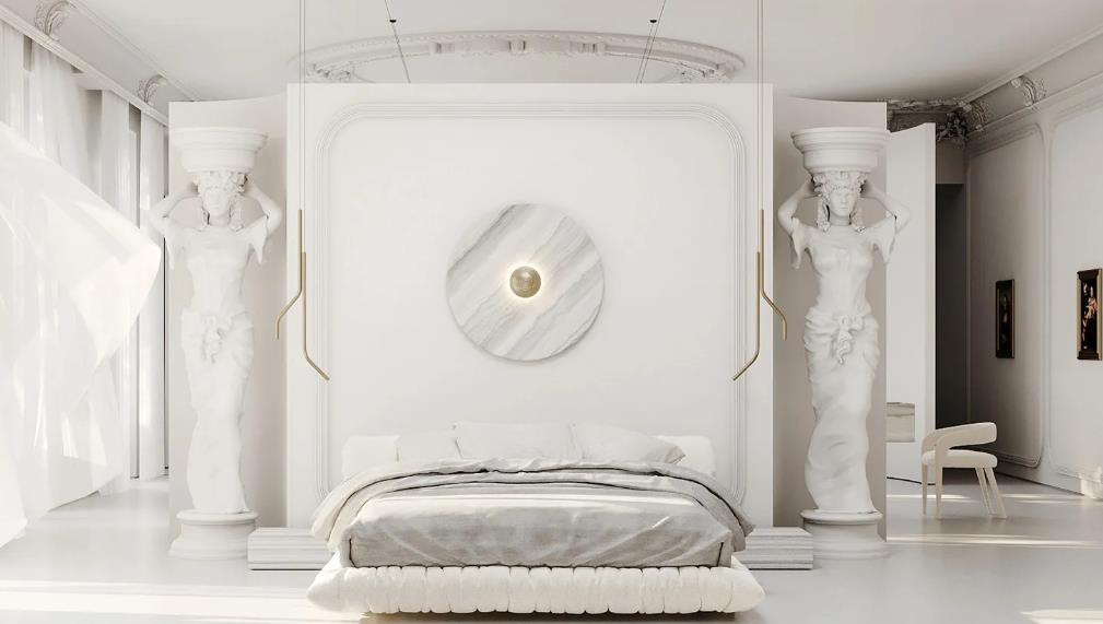 Classic-style women's bedroom featuring sculpted columns, carved ceilings, and elegant white tones.
