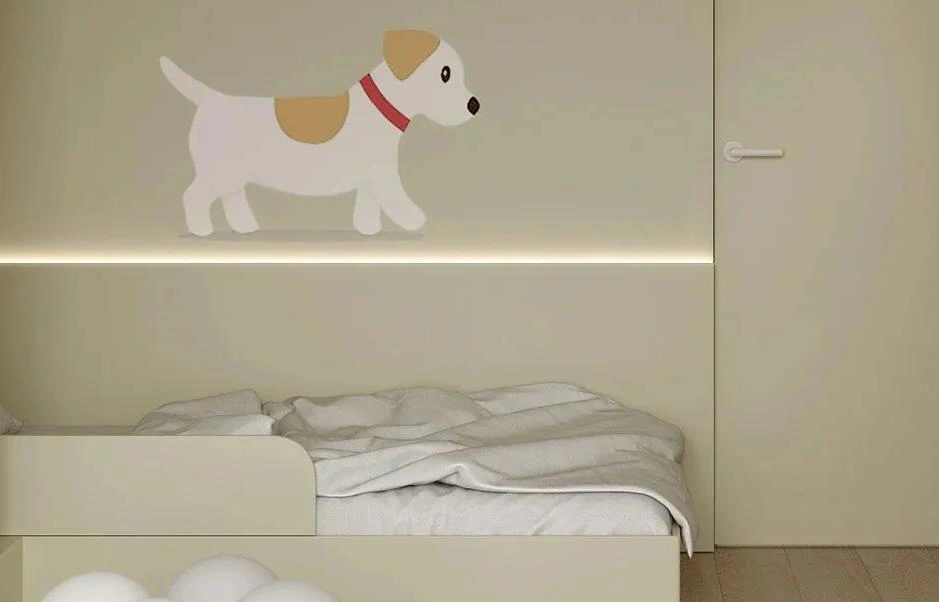 Cartoon wall stickers design on a light green wall in kids&lsquo; room.