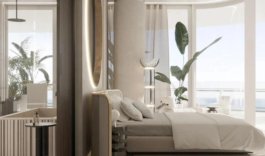 Artistic women&rsquo;s bedroom with curved upholstered headboard and modern glass floor lamp.