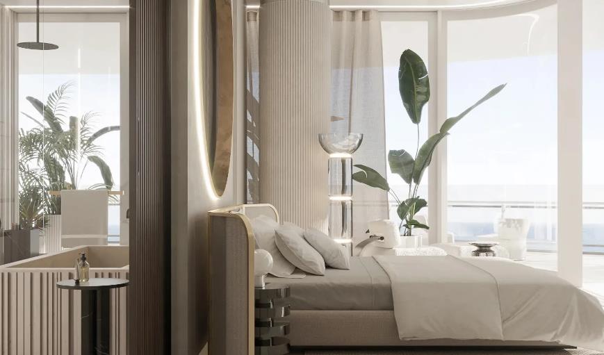 Artistic women&rsquo;s bedroom with curved upholstered headboard and modern glass floor lamp.