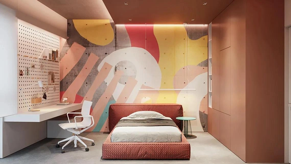 Summer-themed women&rsquo;s bedroom with warm graffiti walls and red plaid bedding.