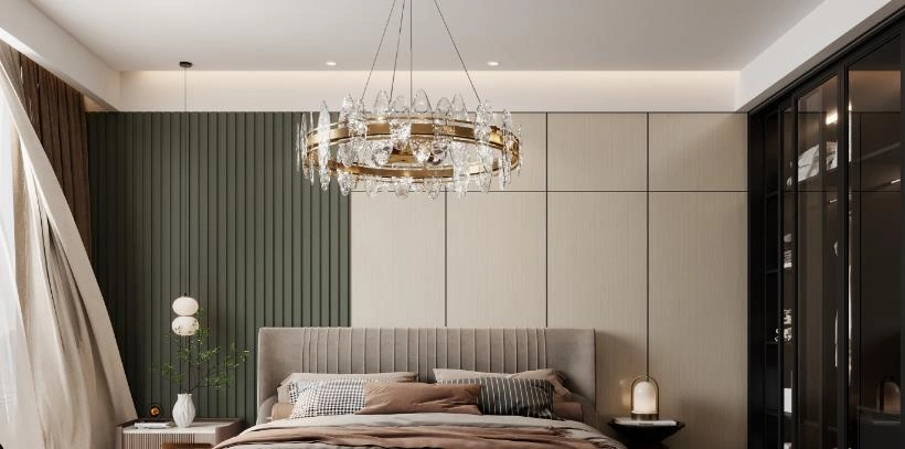 White plaster ceiling with crystal chandelier for elegant luxury home.