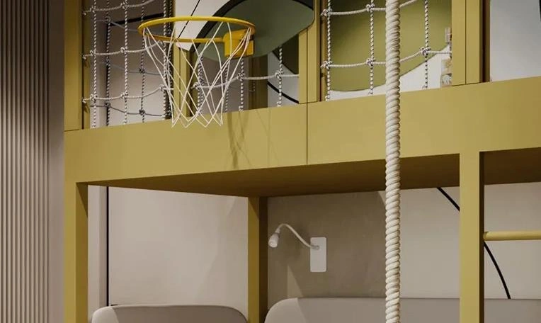 Small indoor basketball hoop mounted on bunk bed in children's bedroom.