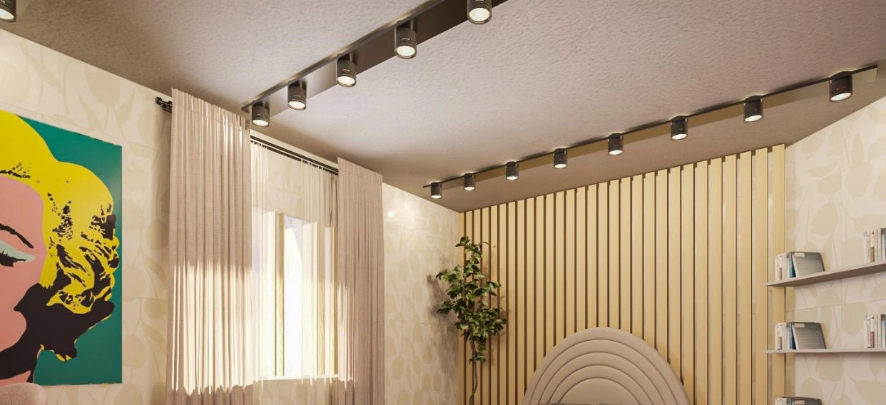 Wooden PVC ceiling with recessed lights for Nordic-style bedroom.