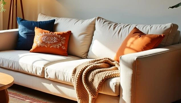White sofa decorated with colorful throw pillows in a small apartment.