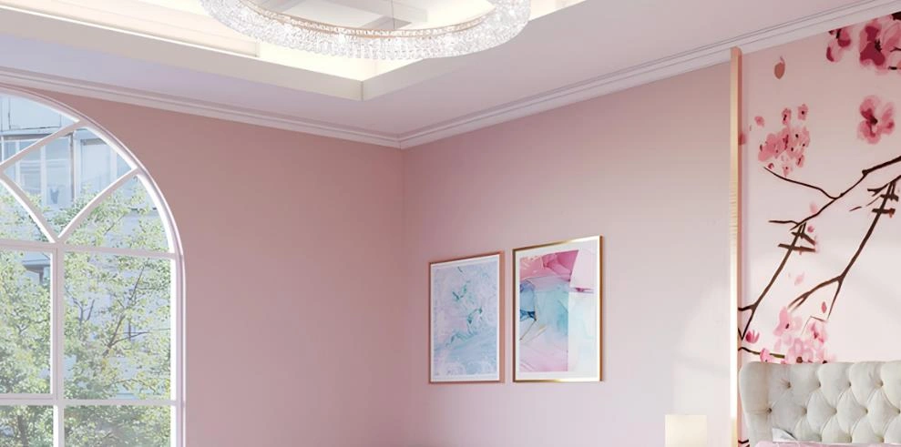 White ceiling with LED light and pink floral walls for cozy design.