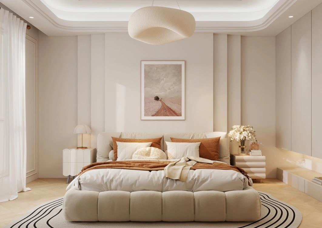 Creamy luxury bedroom idea for women with soft white bedding, beige lighting, and refined vertical wall lines.