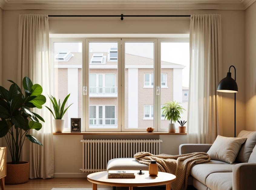 Light beige Scandinavian cotton-linen curtains add natural texture to the living room.