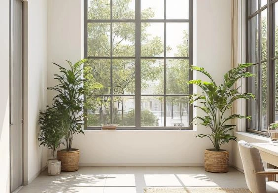 home office images featuring a cozy corner with green plants and natural light