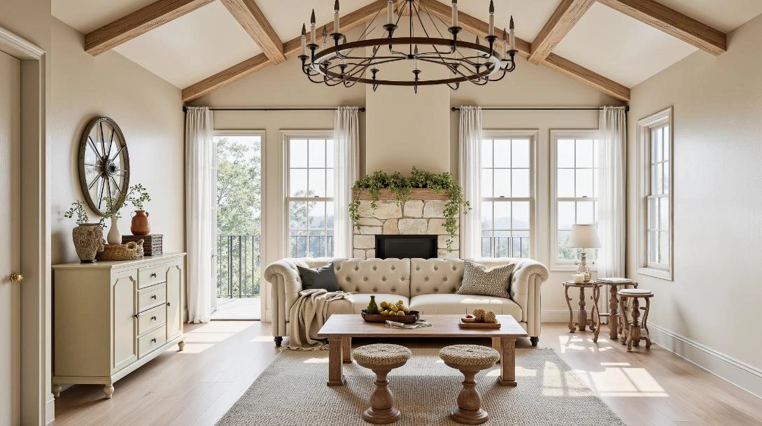Herringbone wood-beam raised ceiling with a vintage chandelier visually enlarges the small living room.