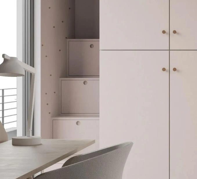 Stair-shaped storage cabinet extending in the corner of the kid's bedroom.