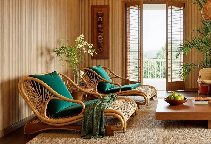 Bamboo rattan recliner with dark green cushions in a cozy apartment living room.