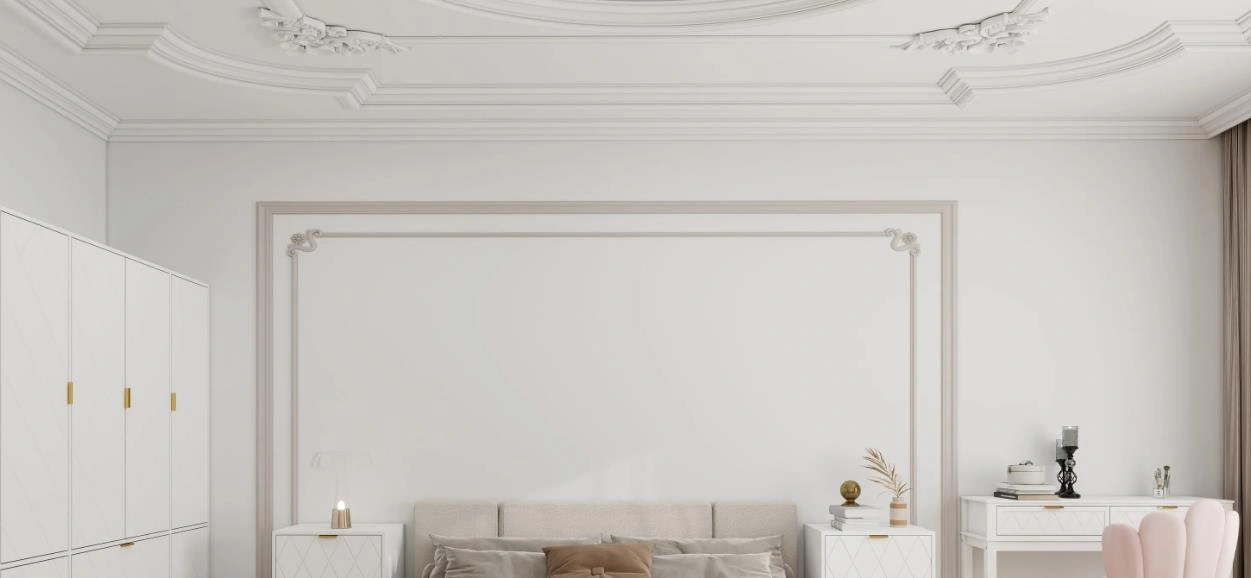 Luxurious embossed white ceiling for elegant Nordic-style bedroom.
