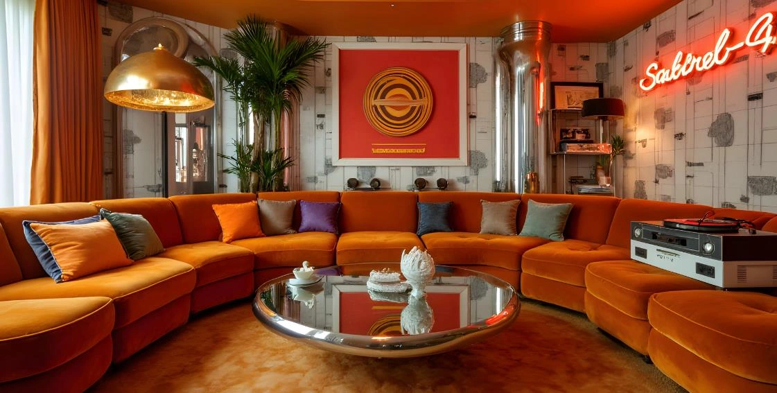 Orange velvet round sofa with colorful pillows in a small living room.