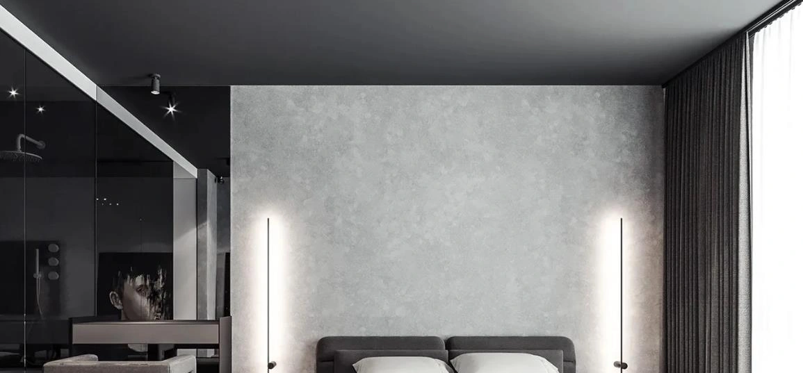 Black PVC ceiling adds modern, bold contrast and sleek sophistication.