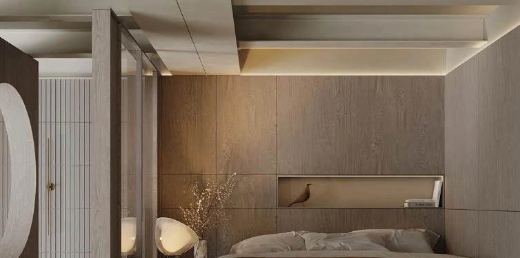 Brown 3D grid ceiling adds texture and modern industrial style.