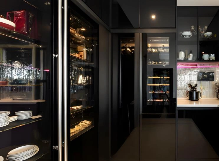 Black cabinet with transparent glass doors used for display and storage.