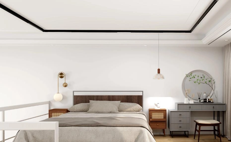 White plaster ceiling with black lines for minimalist modern interior.