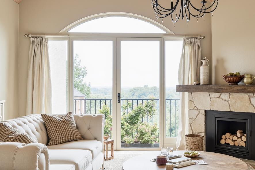 Beige linen curtains flanking an arched window enhance the rustic elegance of the drawing room.