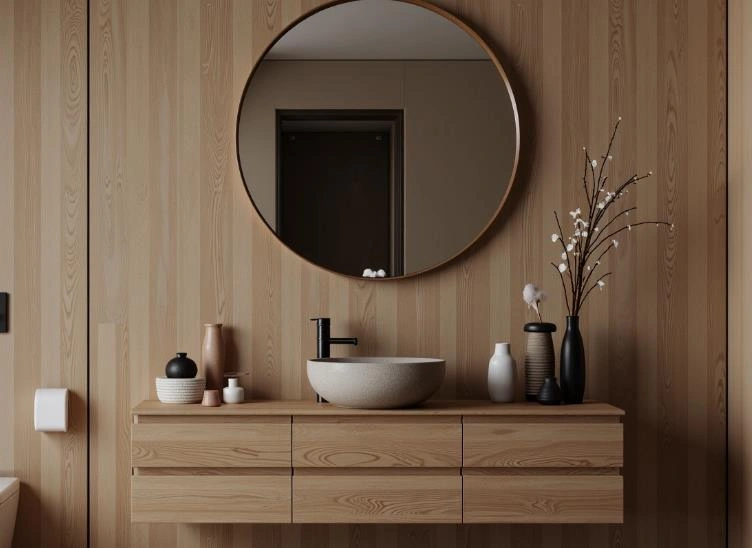 Wall-mounted light-wood cabinets in a small apartment bathroom.