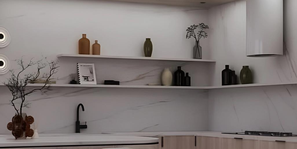 Tiny kitchen idea with white L-shaped wall-mounted shelves displaying colorful bottles and decorative items.