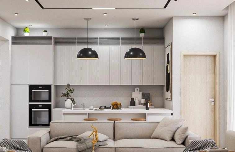 Seamless open-plan living and kitchen area in a small apartment.