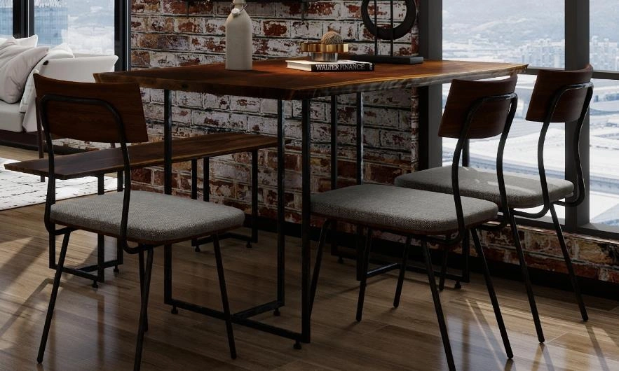 Mixed-style wooden table with bench and chairs in a small rental apartment.