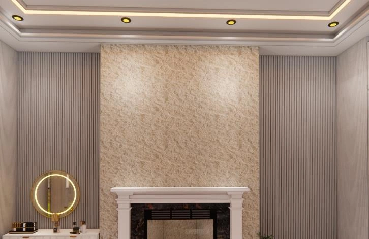 High ceiling design adds spacious, classic American bedroom style.