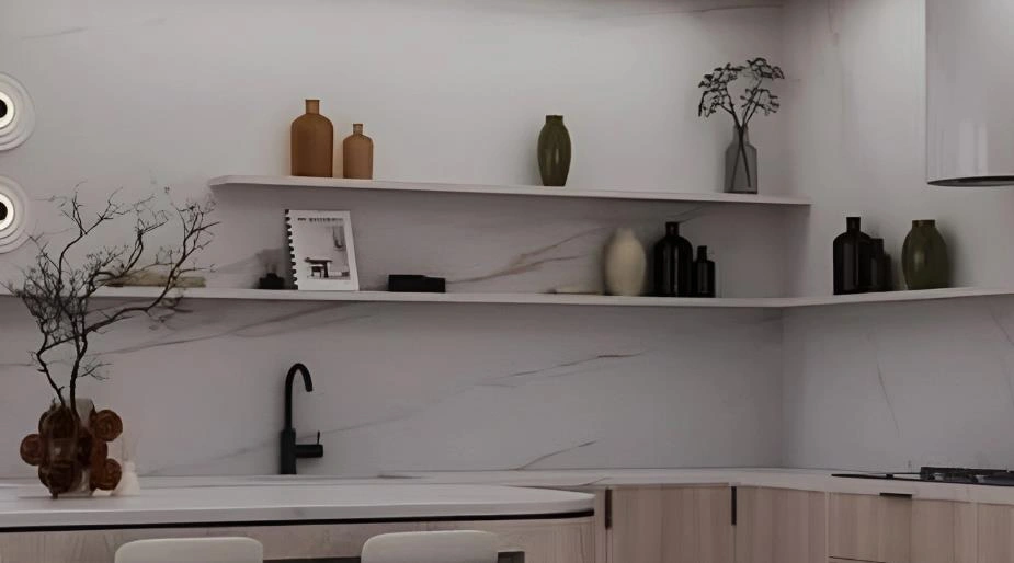 White floating kitchen shelves used for storage and display.