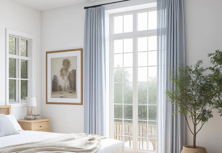 Light blue floor-length curtains paired with sheers in a small bedroom.