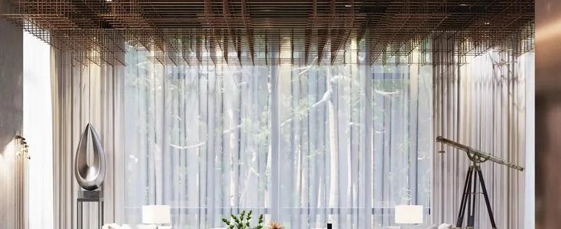 3D wooden ceiling adds luxury texture to modern villa bedroom.