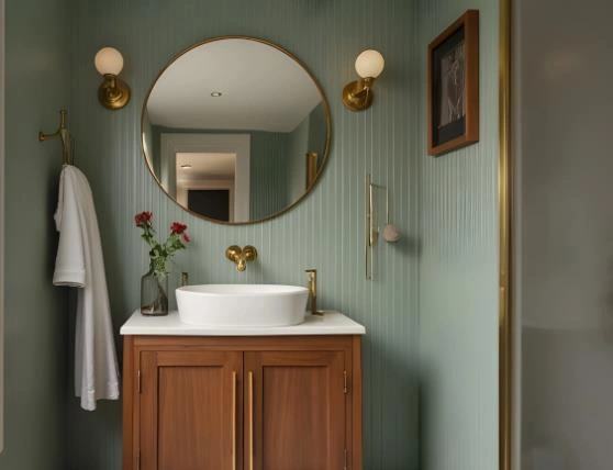 Light green striped waterproof wallpaper in a small bathroom.