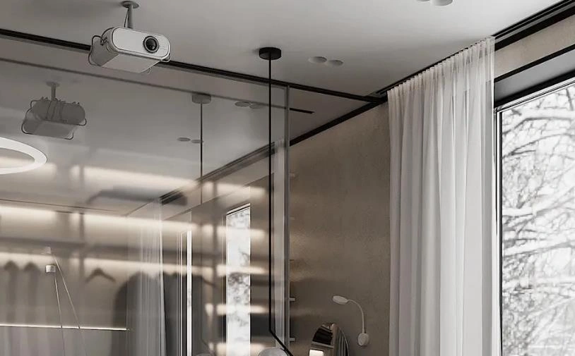 Gray PVC ceiling with projector for smart modern bedroom setup.