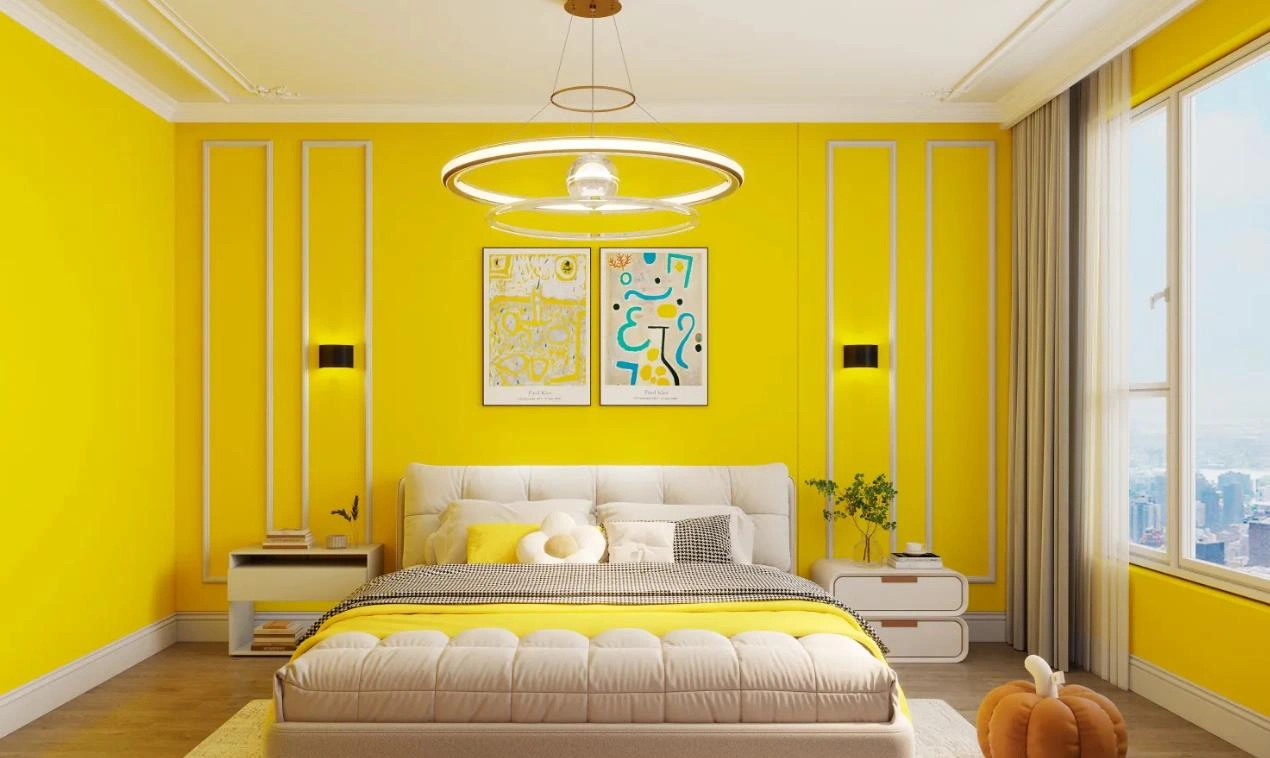 Colorful women&rsquo;s bedroom with bright yellow walls, abstract art, and checkered bedding for a vibrant look.