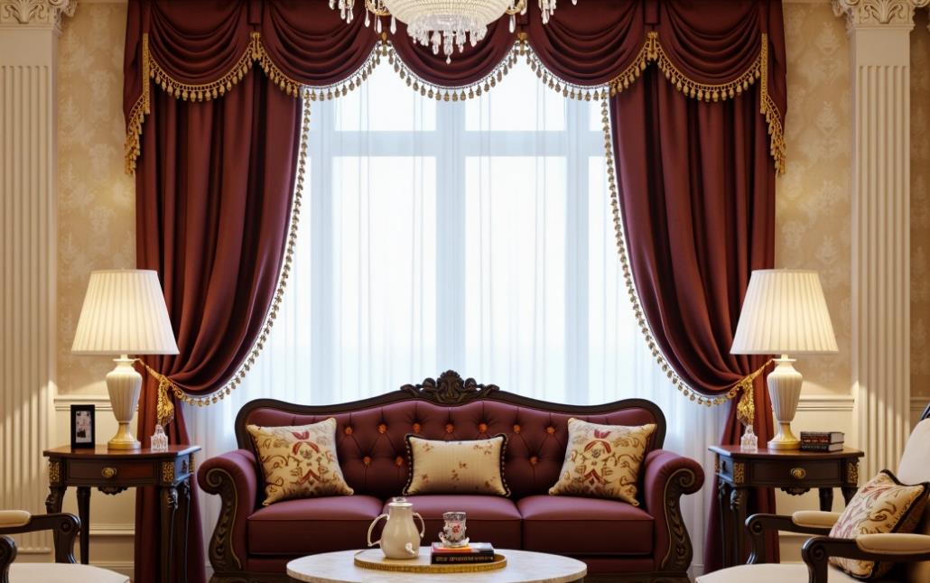Burgundy satin curtains with gold tassels create a luxurious palace-style living room.