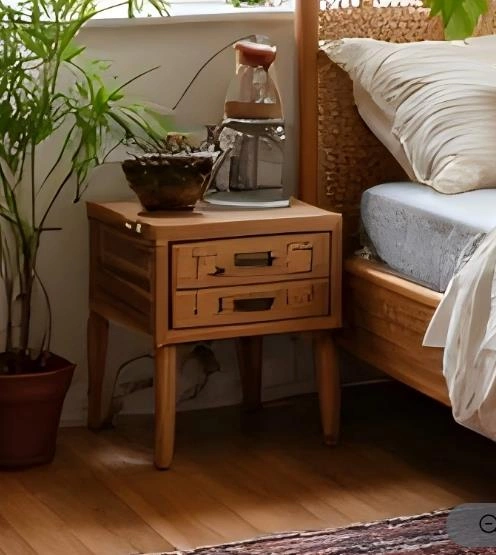 Tiny bedroom corner with a small wooden bedside table, terracotta pot, and green plant for a natural cozy vibe.