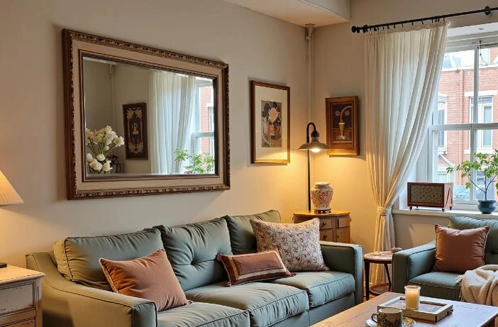 Large brown-framed mirror reflects flowers and paintings to expand the visual space of the small living room.